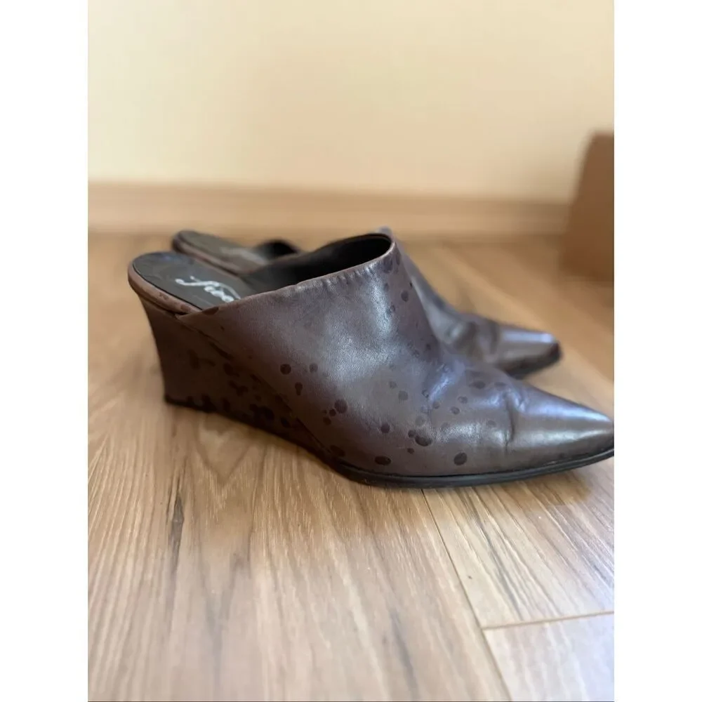 Free People Galactica Mules Point Toe Western Boho Leather Wedge Size 39 Brown